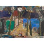 Arthur LAMBRECHT (1904-1983) 'Expressionist Village' oil on board. (W: 75 x H: 55 cm)