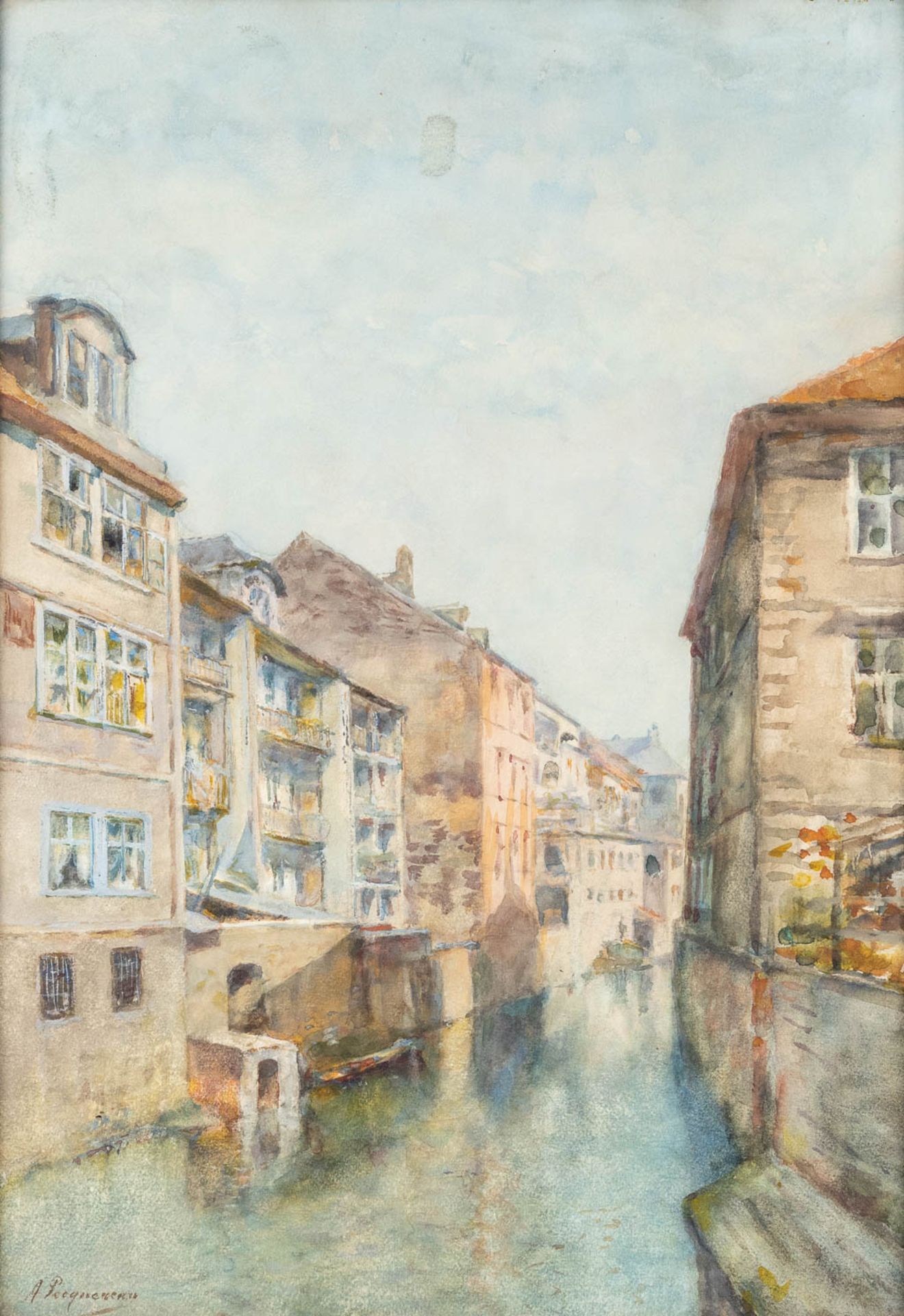 Alphonse PECQUEREAU (1831-1917) 'Canal View' watercolour on paper. (W: 38 x H: 53 cm)