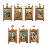 A half stations of the cross in Gothic Revival style, sculptured wood. 19th century. (W: 30 x H: 63
