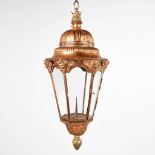 An antique lantern, made of copper and decorated with angles. 19th C. (W: 31 x H: 74 cm)