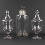 A pair of antique Candy Bowls, Drageoirs, added a storage vase. Glass, 19th century. (H: 37 x D: 16