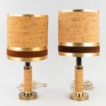 A pair of mid-century table lamps, brass decorated with cork. (H: 67 x D: 30 cm)