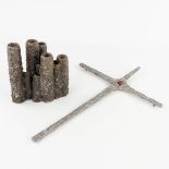 Pia MANU (XX) 'Pic-Fleur and crucifix, tin with glass and ceramics. 20th C. (L: 10 x W: 18 x H: 19,5