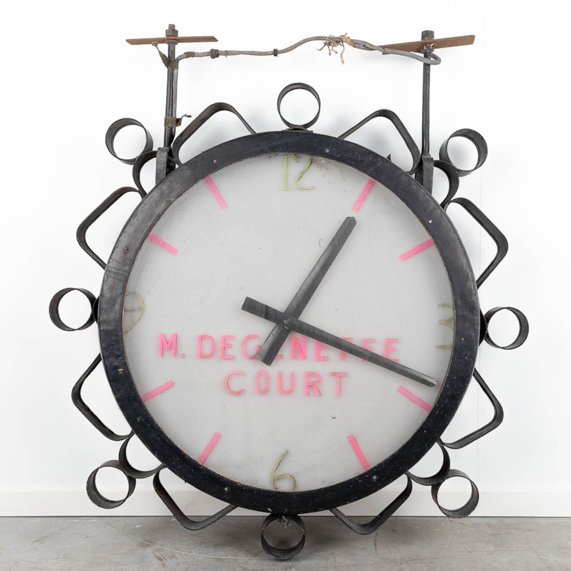 A large industrial double-sided hanging clock, marked M. Degeneffe, Court. (L: 22 x W: 104 x H: 120 - Image 11 of 12