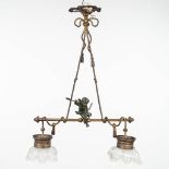 An antique hall lamp with Cupido and etched glass lampshades. (W: 57 x H: 80 cm)