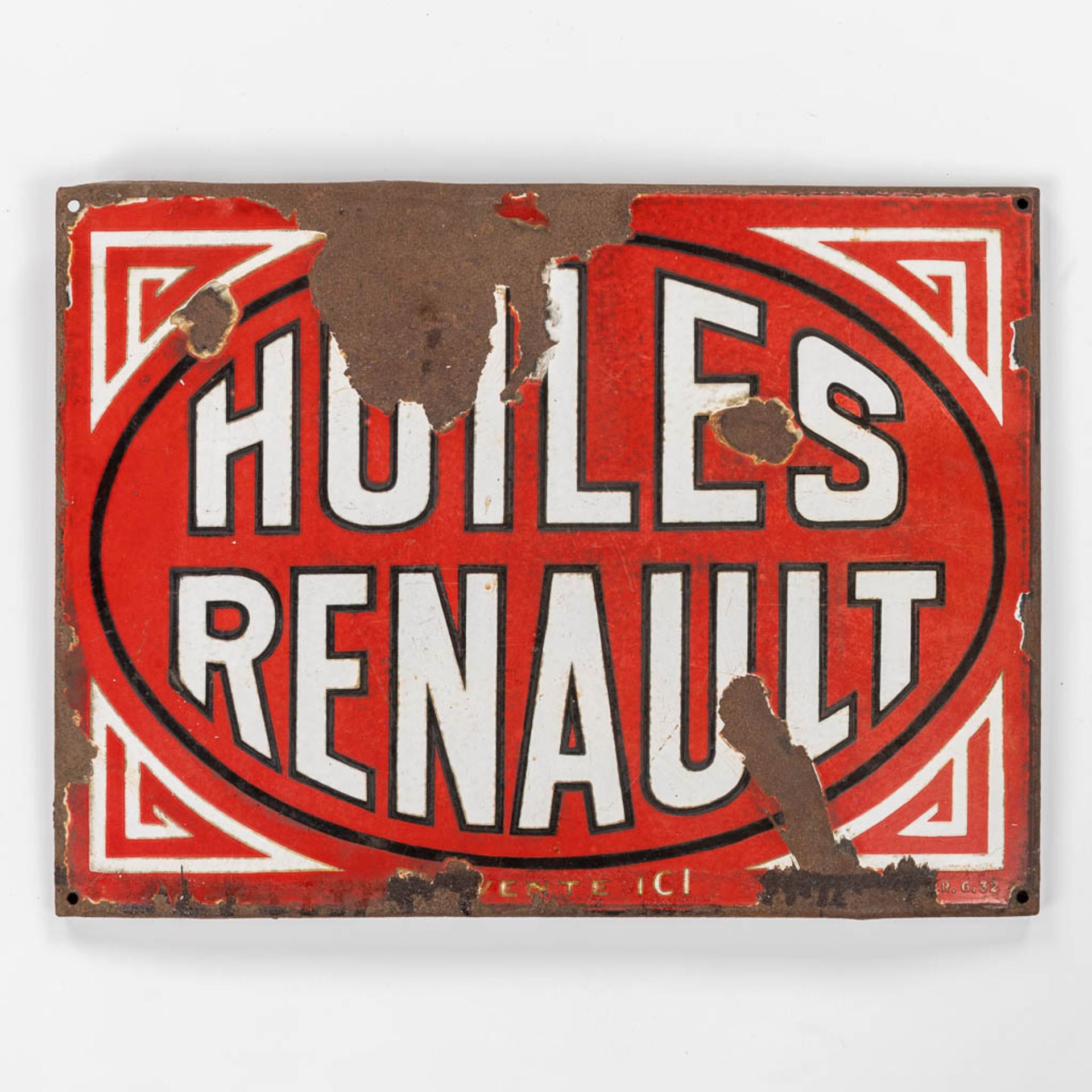 Huiles Renault En Vente Ici, an enamelled plate, 1932. (W: 55 x H: 40 cm)