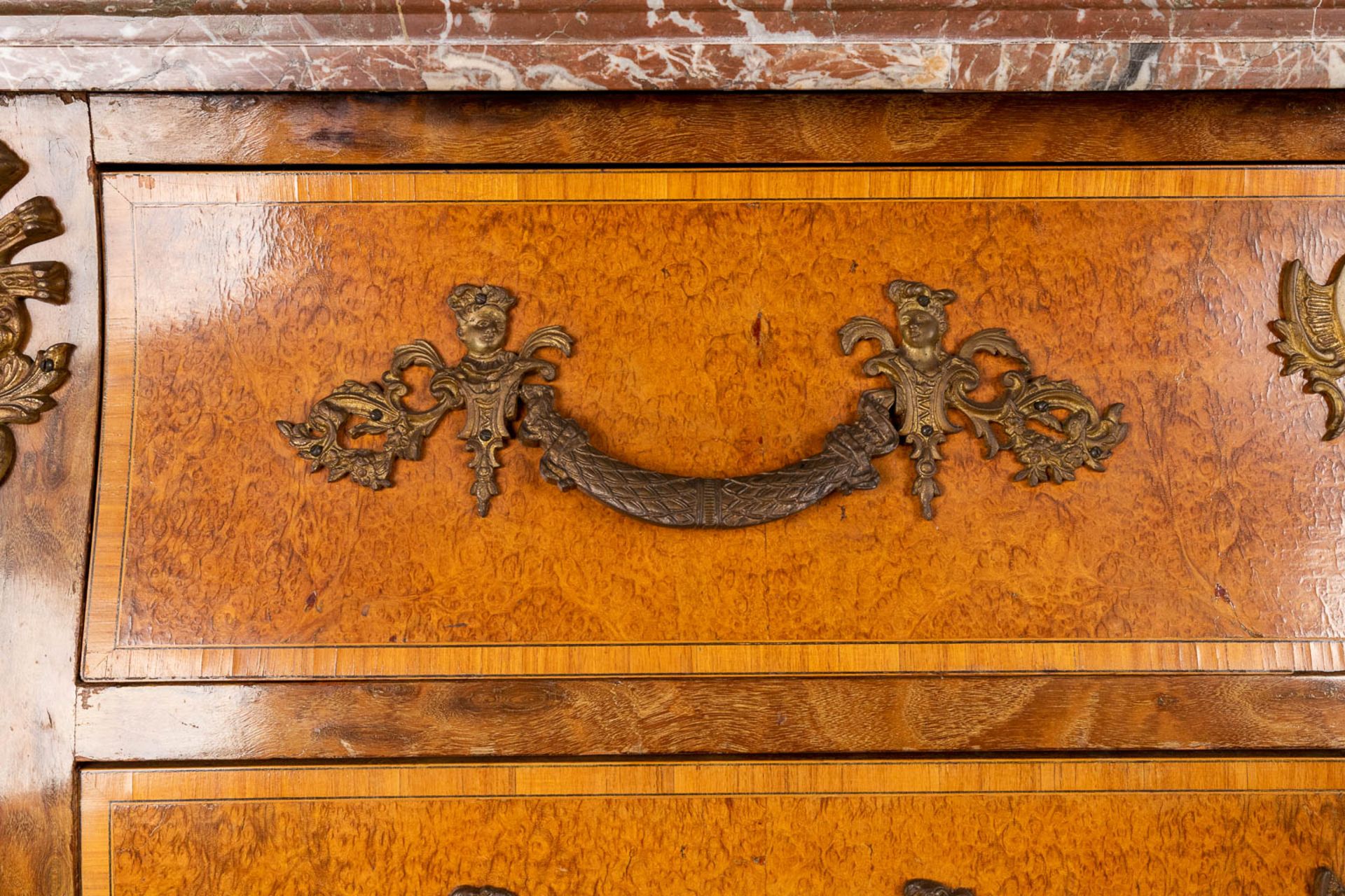 A two-drawer commode mounted with bronze and a marble top. 20th C. (L: 55 x W: 132 x H: 88 cm) - Image 10 of 19