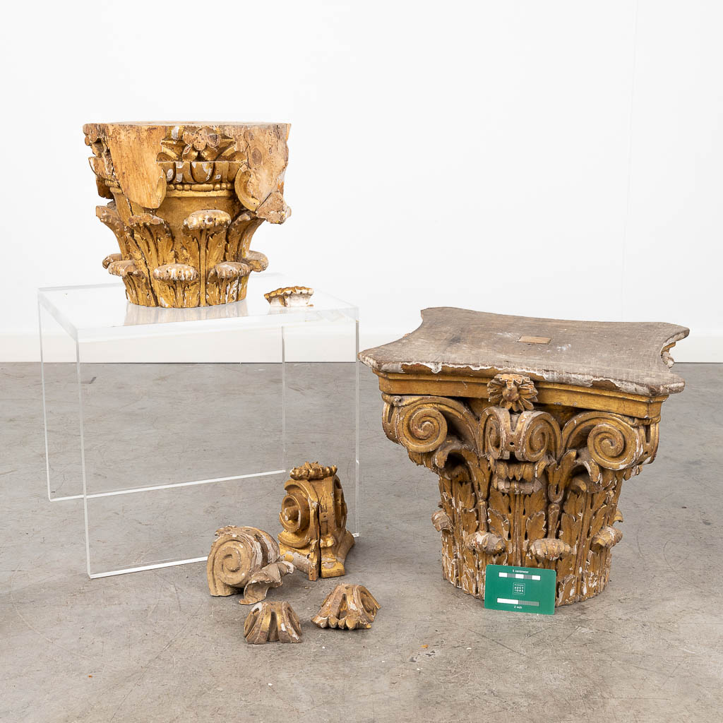 A collection of 2 antique gilt and wood-sculptured Corinthian Capitels. 18th C. (L: 37 x W: 37 x H: - Image 2 of 10