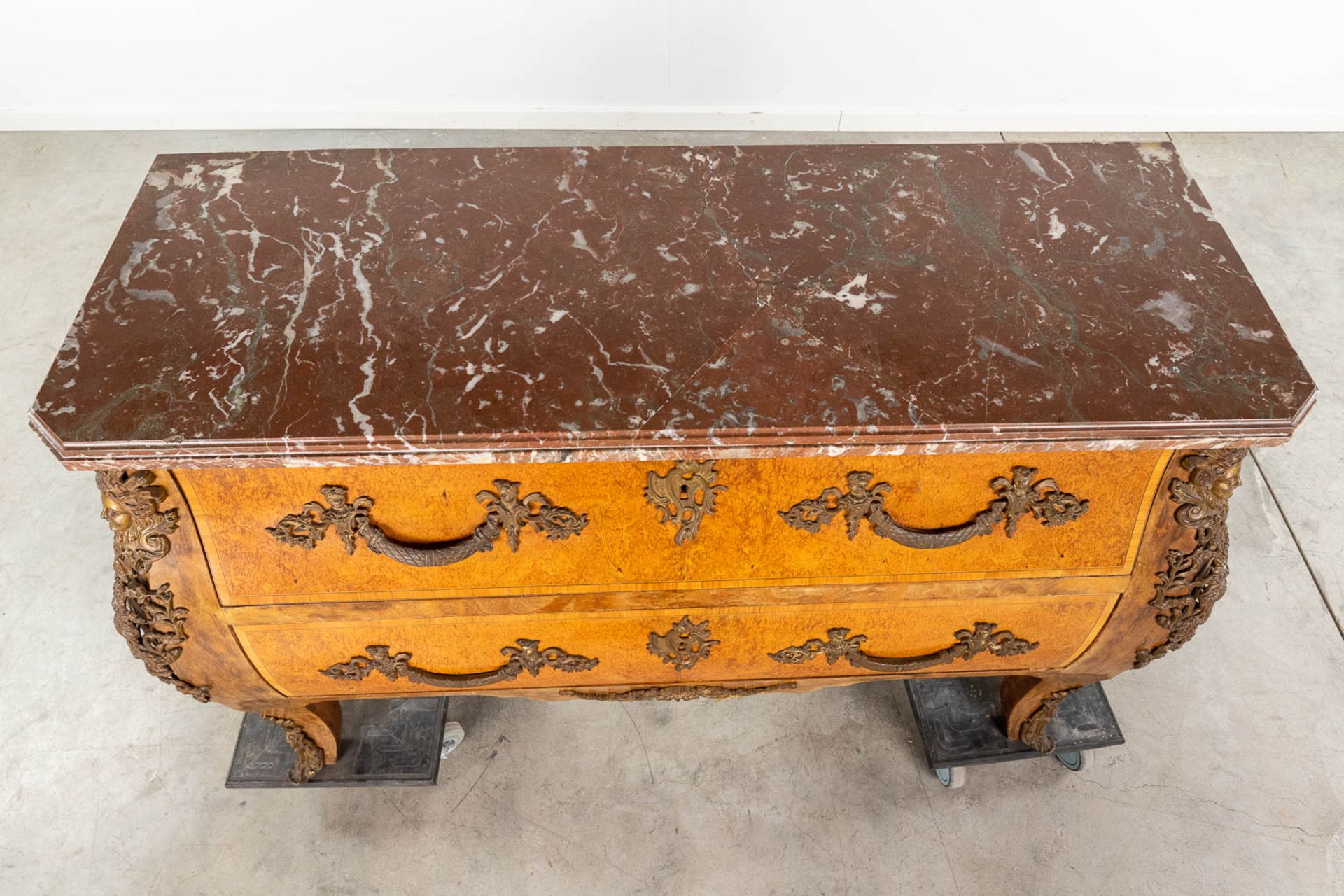 A two-drawer commode mounted with bronze and a marble top. 20th C. (L: 55 x W: 132 x H: 88 cm) - Image 8 of 19