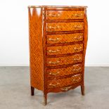 A 7-drawer cabinet finished with marquetry inlay and mounted with bronze and a marble top. (L: 83 x