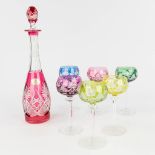 Val Saint Lambert, Berncastel, a collection of 6 coloured and cut crystal glasses with a carafe. (H:
