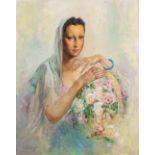 Aime VAN BELLEGHEM (1922-1996) 'Lady with flowers' oil on canvas. (W: 80 x H: 100 cm)