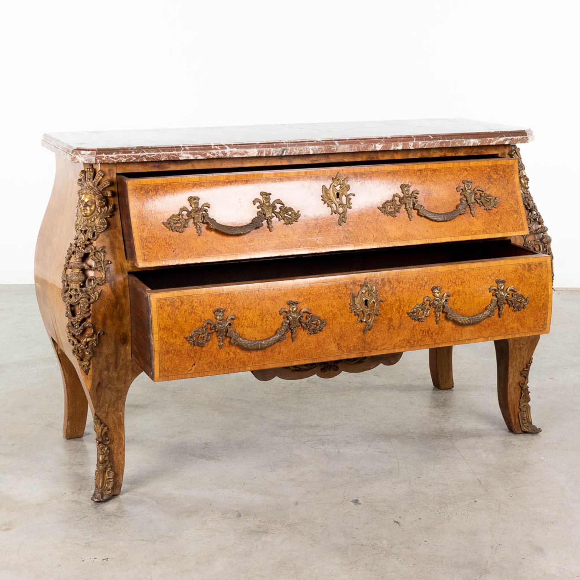 A two-drawer commode mounted with bronze and a marble top. 20th C. (L: 55 x W: 132 x H: 88 cm) - Image 4 of 19