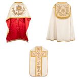 A Chasuble set consisting a Roman Chasuble, A Humeral Veil and a Cope, finished with thick gold thre