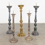 A set of 5 candlesticks, made of copper, silver-plated metal. (H: 91 cm)