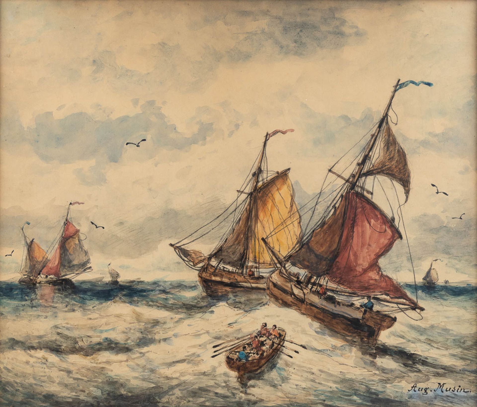 Auguste Henri MUSIN (1852-1923) 'Marine' watercolour on paper. (W: 47 x H: 39 cm)