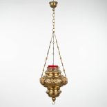 An antique sanctuary lamp / eternal light made of copper and decorated with angels. (H: 75 x D: 28 c