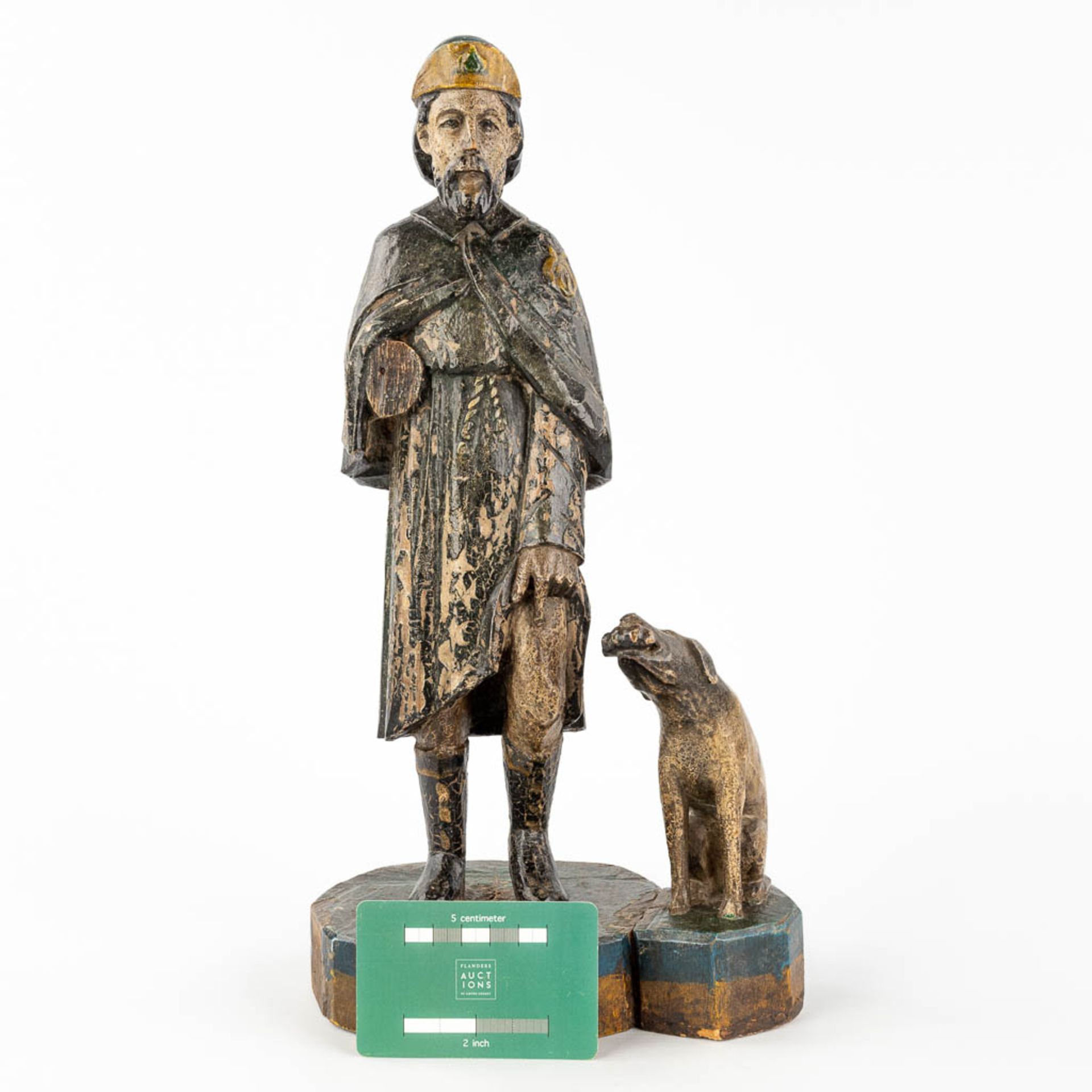 An antique wood sculpture 'Saint Rochus and his dog'. 19th C. (L: 14 x W: 19,5 x H: 37 cm) - Image 2 of 11