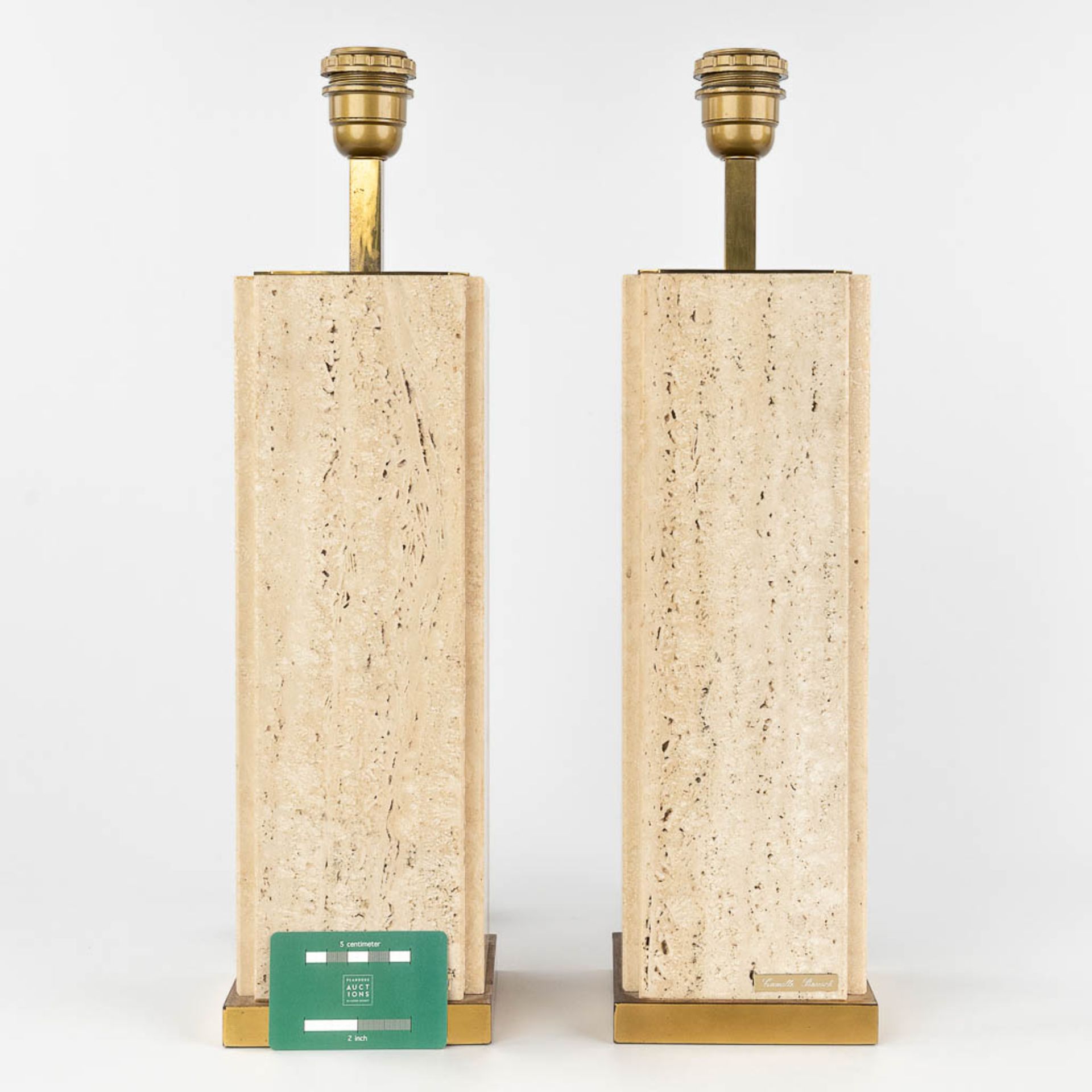 Camille BREESCHE (XX) 'Pair of table lamps' Brass and Travertine. (L: 13 x W: 13 x H: 49 cm) - Bild 2 aus 12