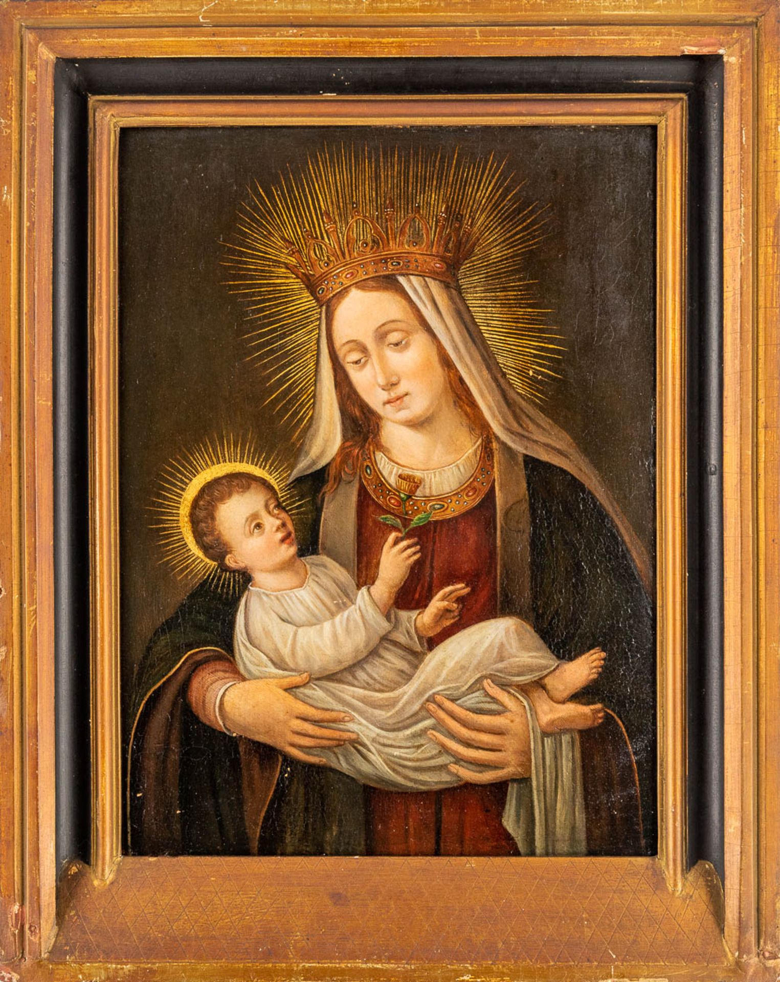 Virgin Mary with child', an antique painting, oil on panel. 16th/17th C. (W: 27 x H: 36,3 cm) - Image 3 of 8