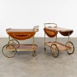 A collection of 2 bar-carts, marquetry inlay and copper/acrylic. 20th C. (W: 88 x H: 73 x D: 80 cm)