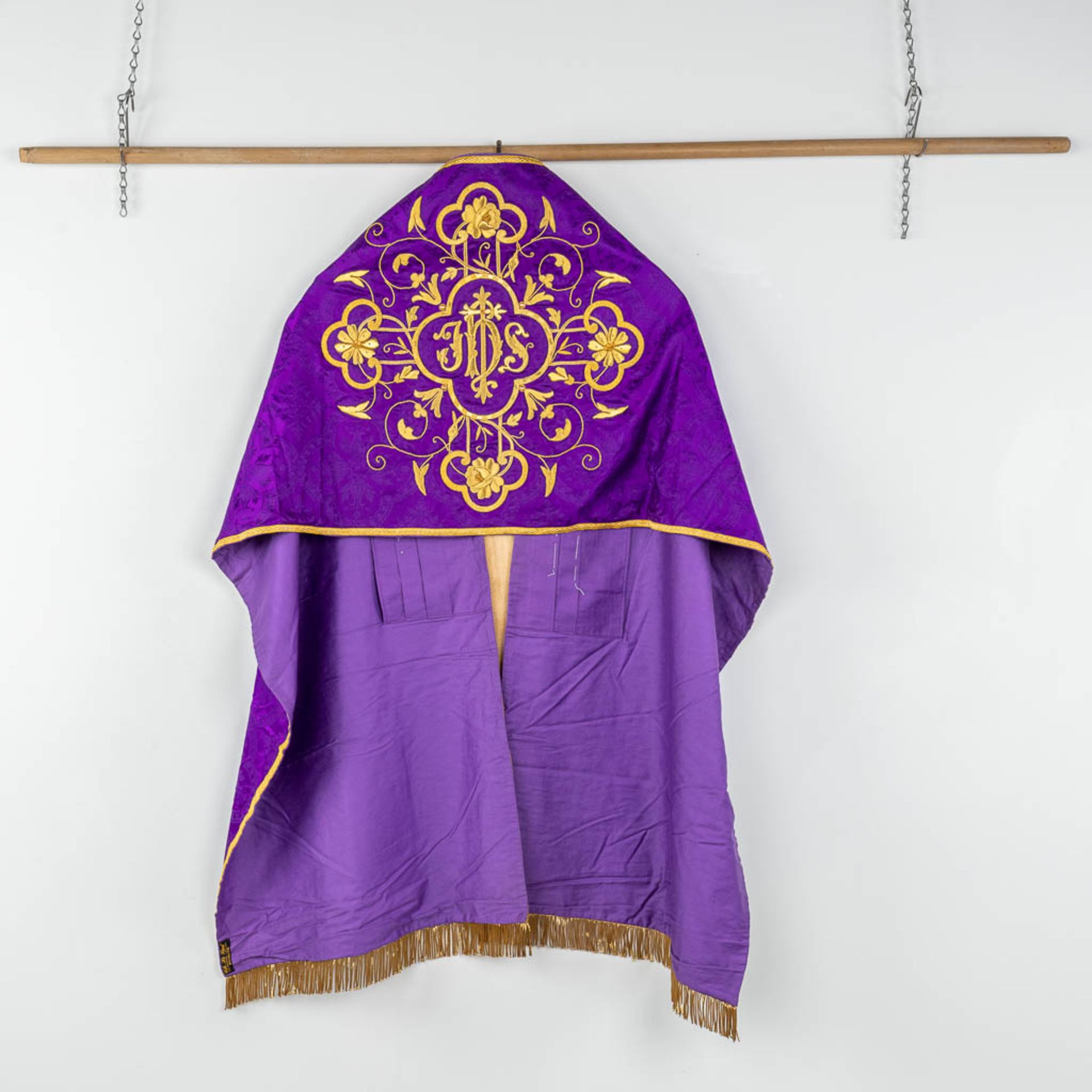 A Cope and Humeral Veil, finished with thick gold thread and purple fabric and the IHS logo. - Image 3 of 12