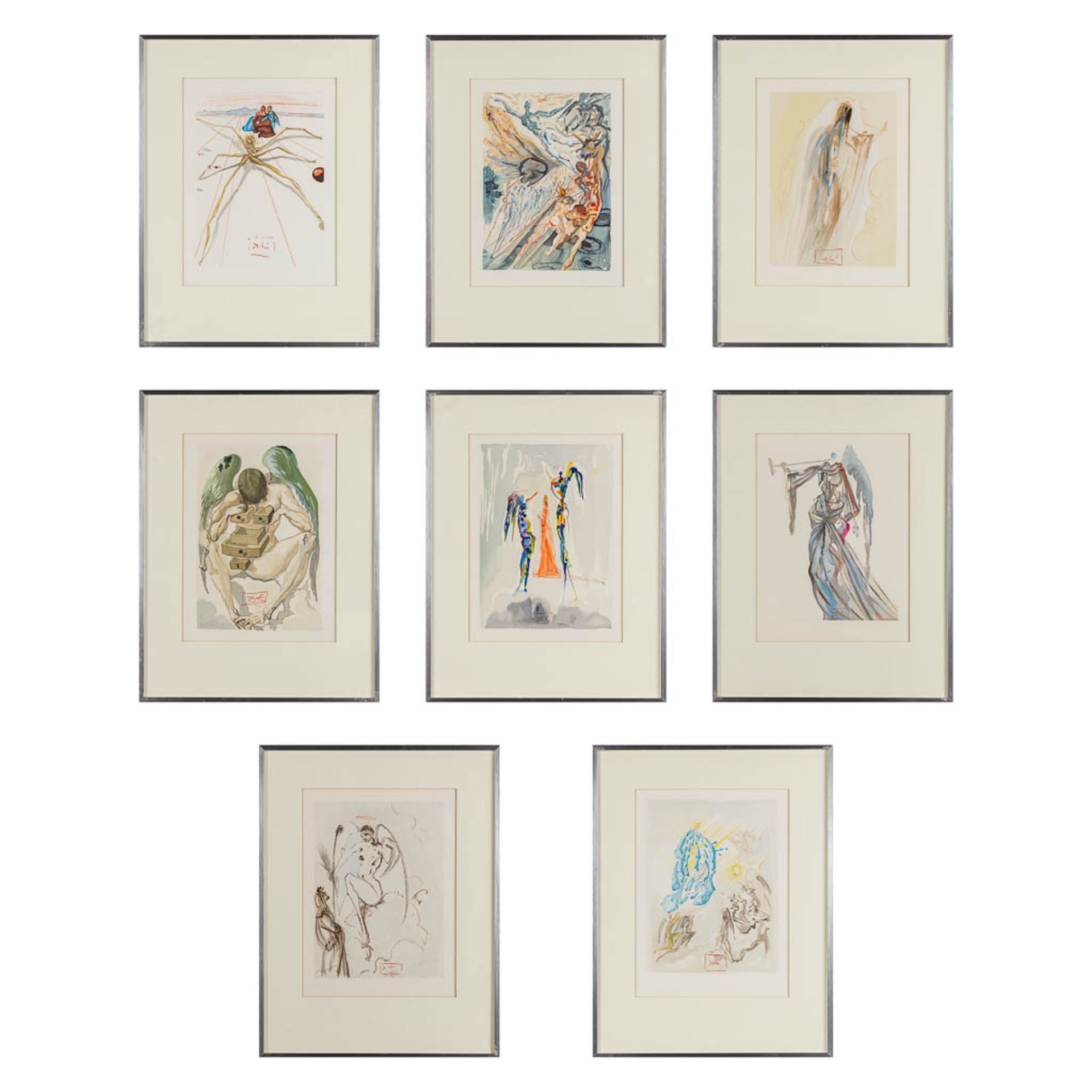 Salvador DALI (1904-1989) 'Dante Alegieri: Divine Comedy', a set of 8 prints. (W: 29 x H: 29 cm)
