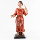 An antique wood-sculptured and polychrome figurine of a noble lady. 18th/19th C. (L: 20 x W: 25 x H: