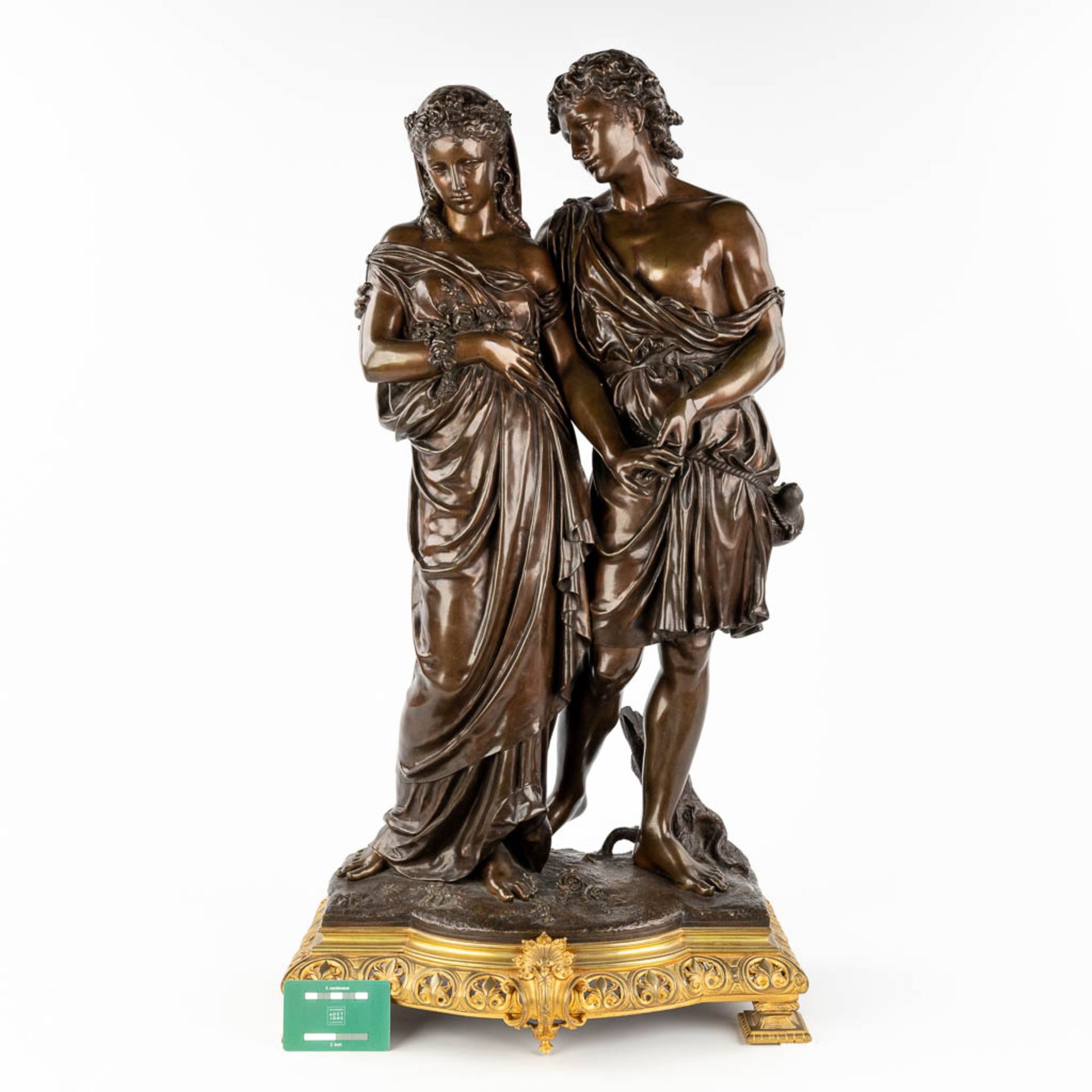 Jean-Baptiste GERMAIN (1841-1910) 'Figure of classical youth and maiden' patinated bronze. (L: 25 x - Image 2 of 11