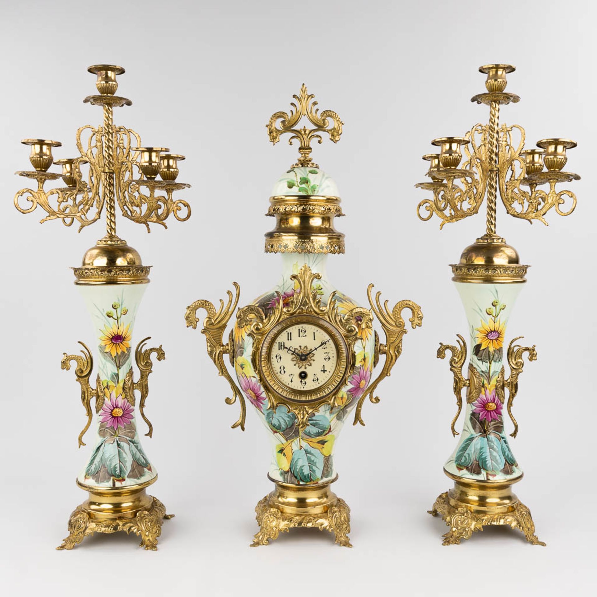 A three-piece mantle garniture clock and candelabra, circa 1900. (W: 34 x H: 63 cm) - Image 4 of 14