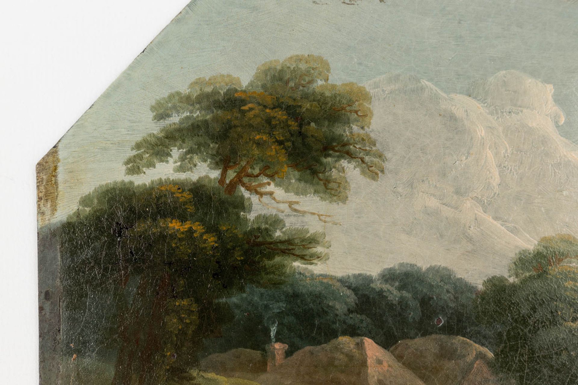 An antique landscape, Oil on metal, Italian school, 18th century. (W: 29 x H: 17,5 cm) - Image 7 of 8