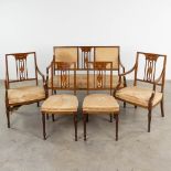 An English 5-piece salon suite, mahogany inlay. 19th C. (L: 62 x W: 132 x H: 84 cm)