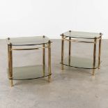 A pair of side tables, brass and glass. Circa 1980. (L: 45 x W: 55 x H: 55 cm)