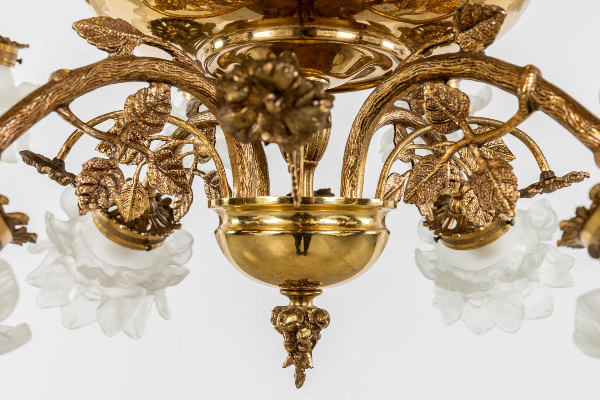 A chandelier, brass with glass lampshades. Circa 1970. (H: 85 x D: 85 cm) - Image 6 of 10