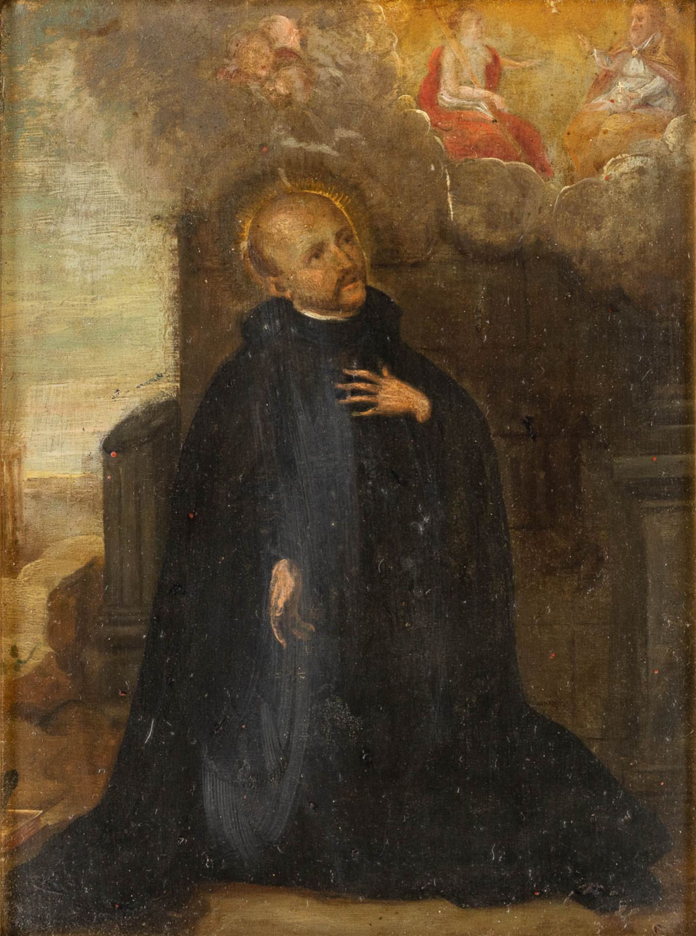 The vision of a saint, an antique painting, oil on copper. 17th century. (W: 17 x H: 22,5 cm)