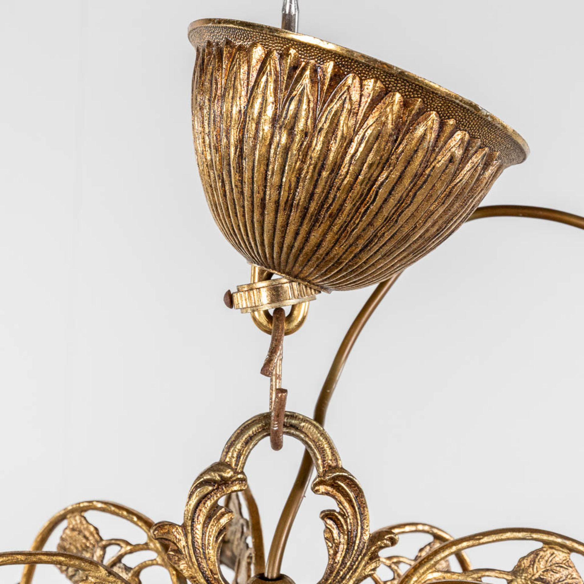 A chandelier, brass with glass lampshades. Circa 1970. (H: 85 x D: 85 cm) - Bild 8 aus 10