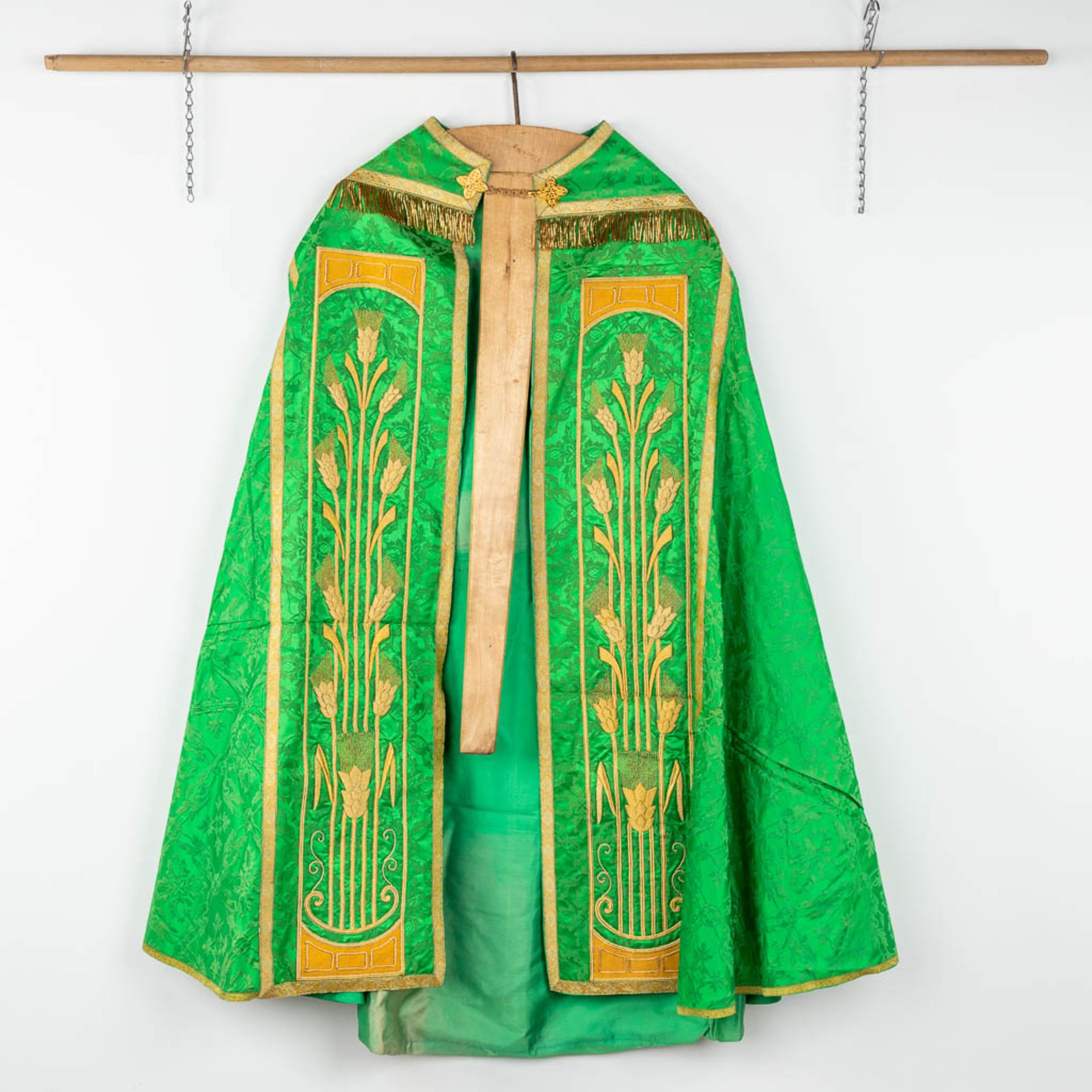 A Cope and Humeral Veil, finished with thick gold thread and green fabric and the IHS logo. - Image 6 of 14