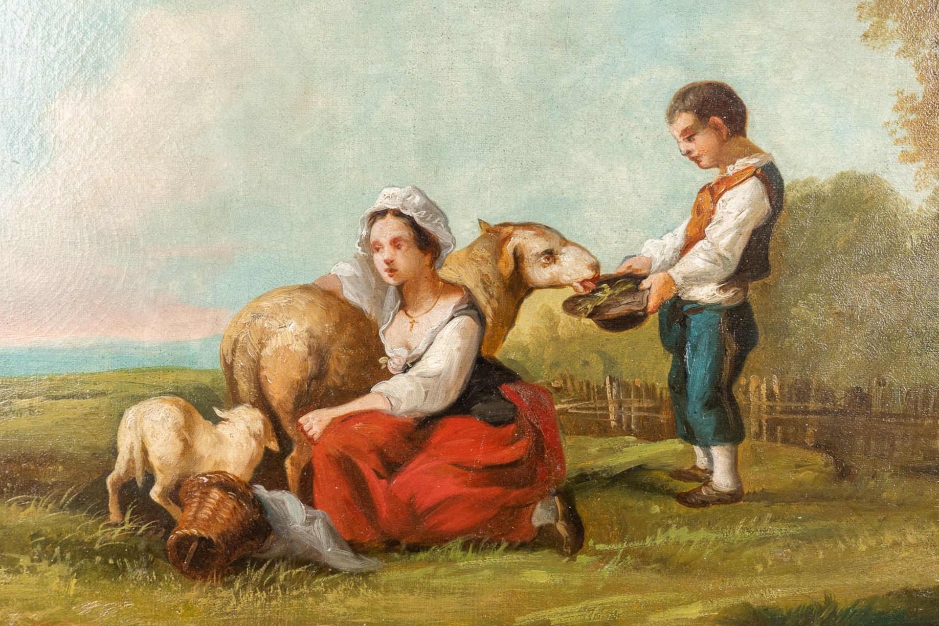 'Feeding the sheep, a painting, oil on canvas. 18th C. (W: 65 x H: 47 cm) - Image 4 of 8