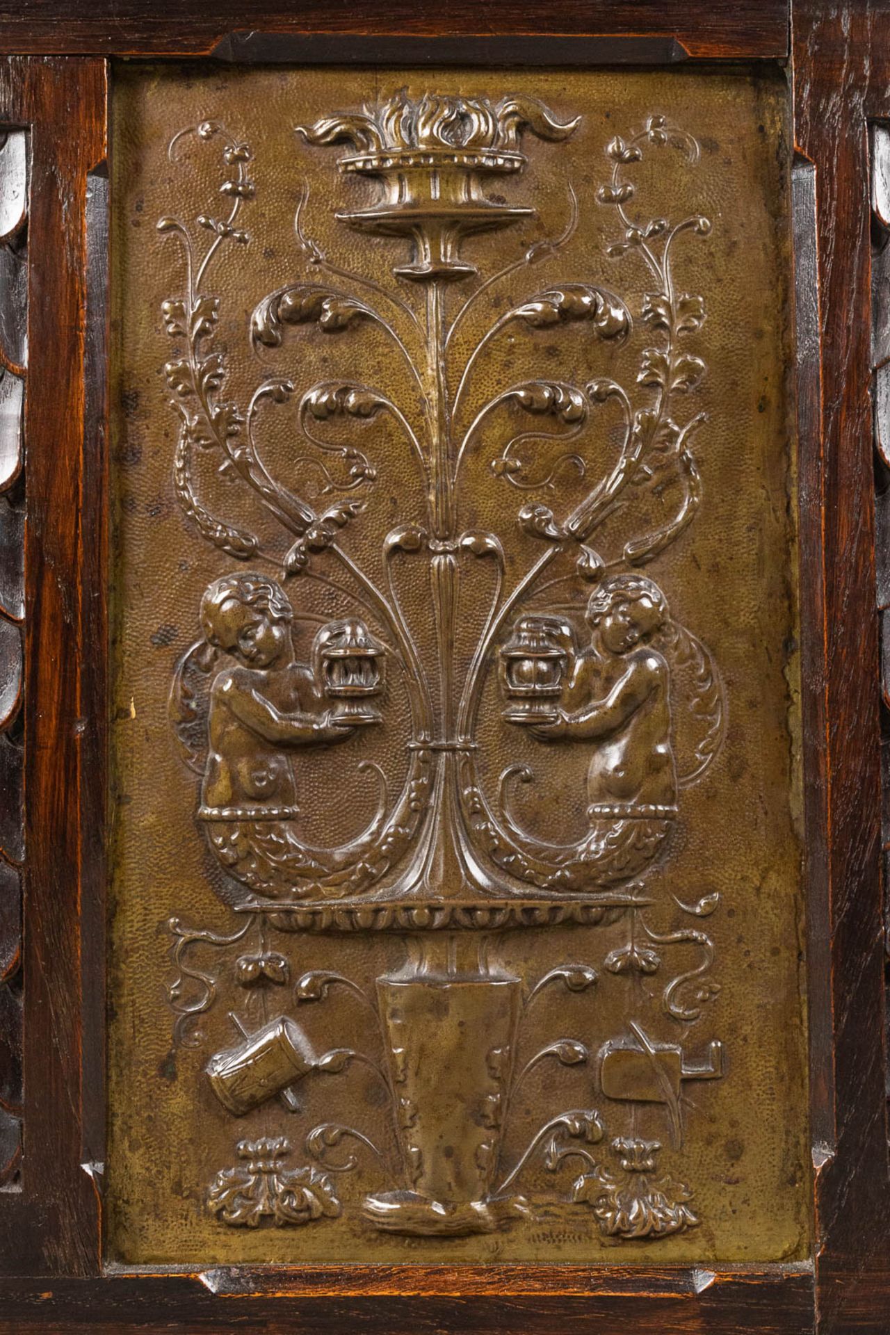 An antique chest and bench finished with dinanderie plaques. 19th C. (L: 50 x W: 148 x H: 60 cm) - Image 13 of 14