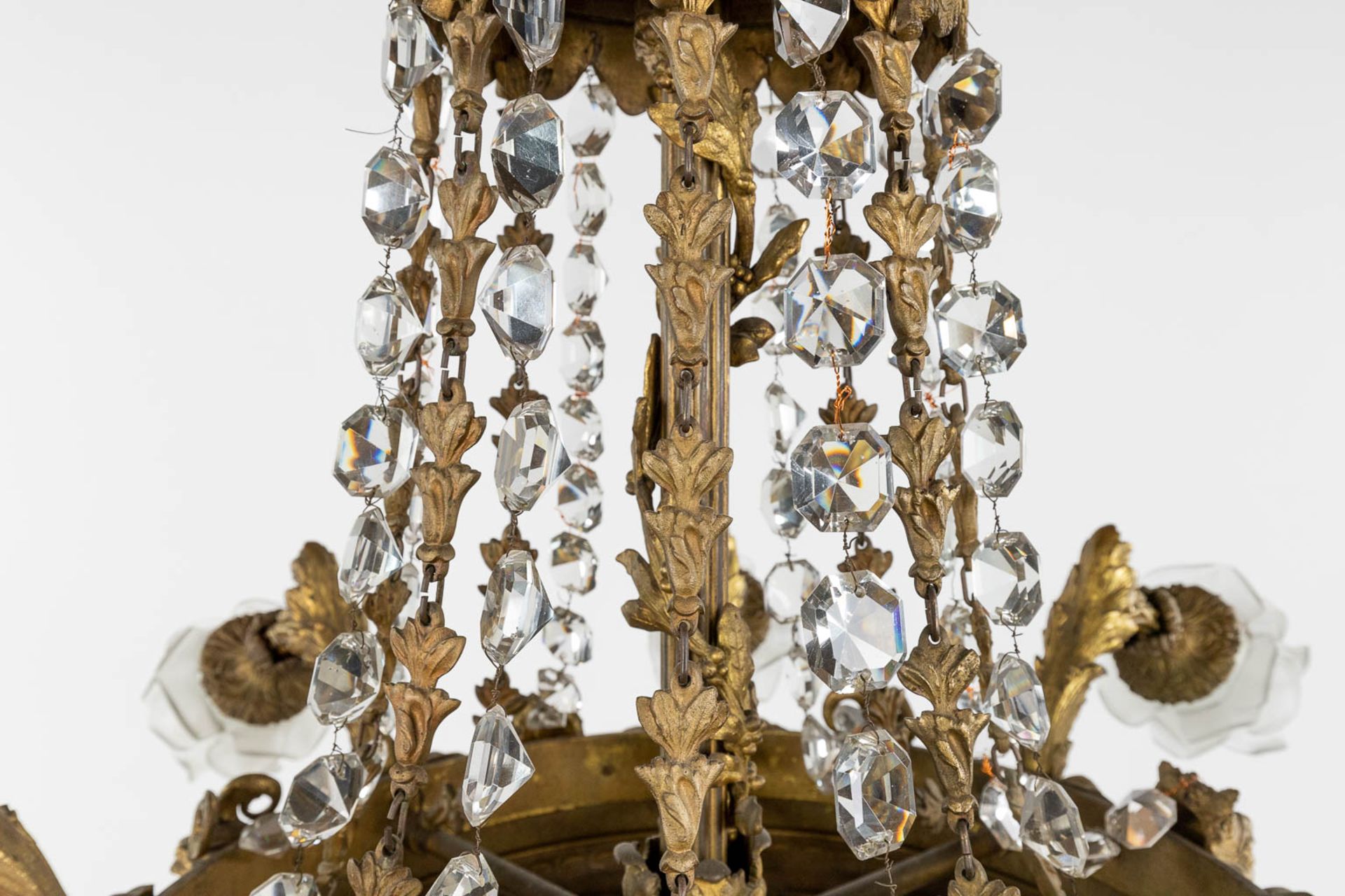 A large chandelier 'Sac ˆ Perles', bronze and glass. Circa 1900. (H: 100 x D: 100 cm) - Image 6 of 15
