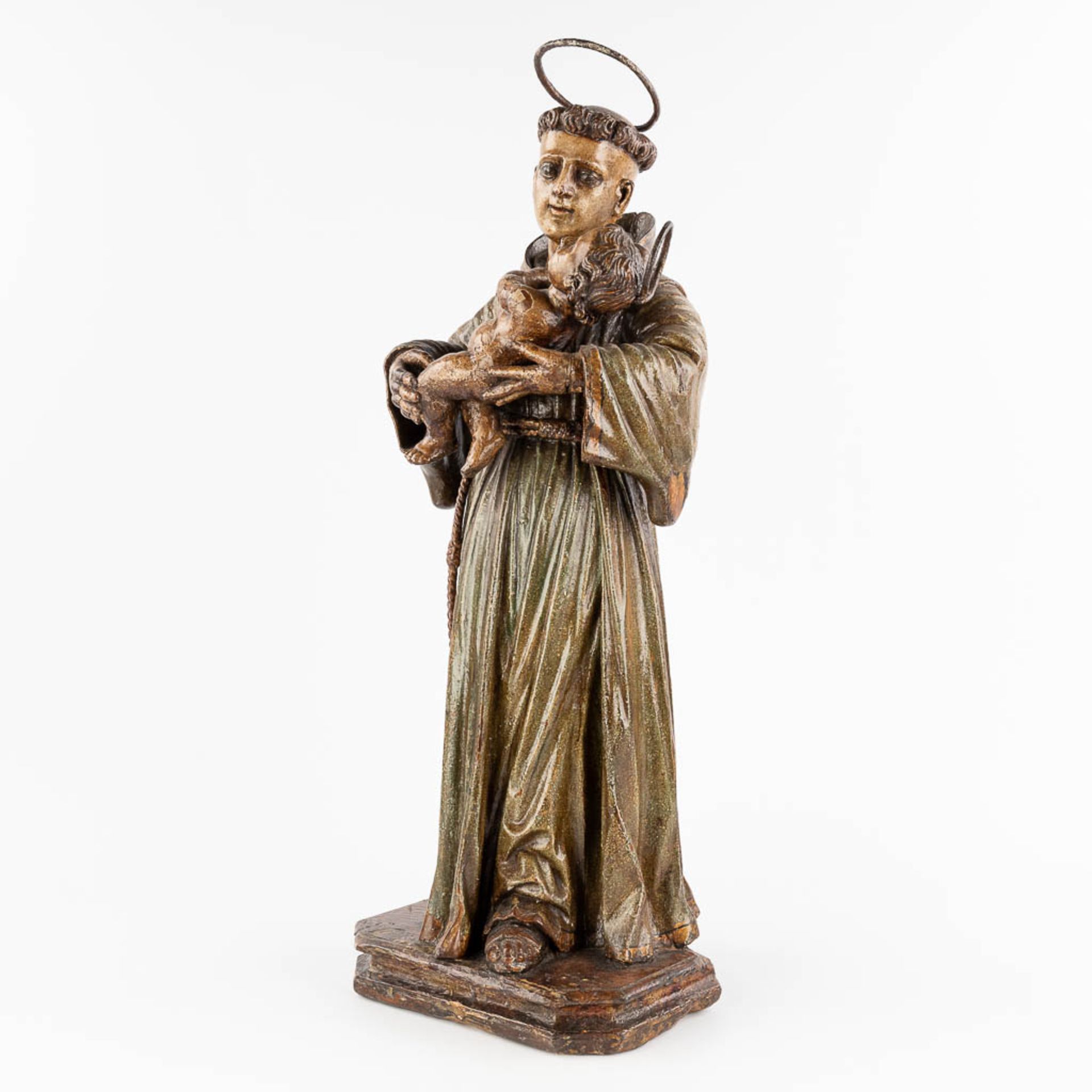 An antique wood-sculptured and polychrome figurine of Saint Anthony with a child. 18th century. (W: - Image 7 of 12