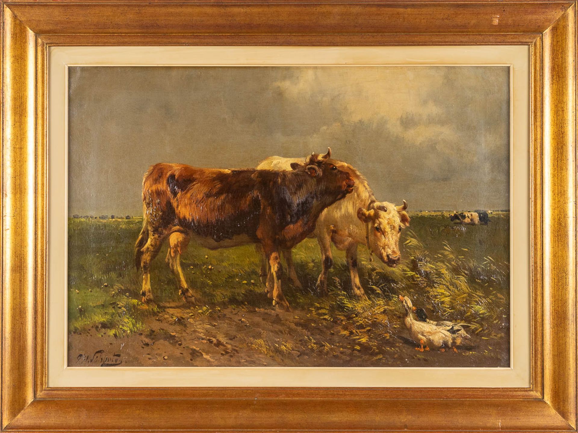 Henry SCHOUTEN (1857/64-1927) 'Pendant paintings, cows in a field' oil on canvas. (W: 80 x H: 55 cm) - Image 3 of 15
