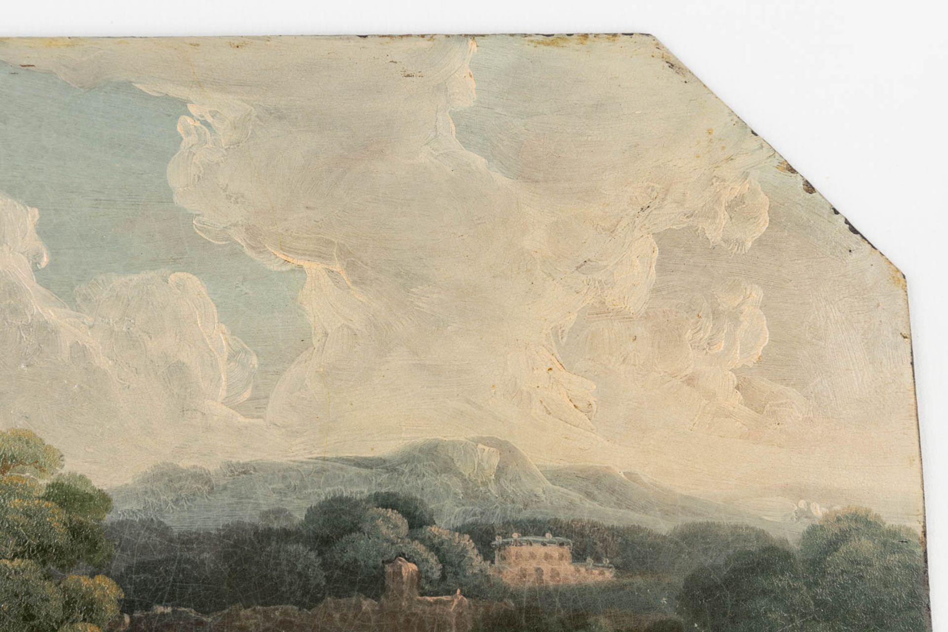 An antique landscape, Oil on metal, Italian school, 18th century. (W: 29 x H: 17,5 cm) - Image 6 of 8