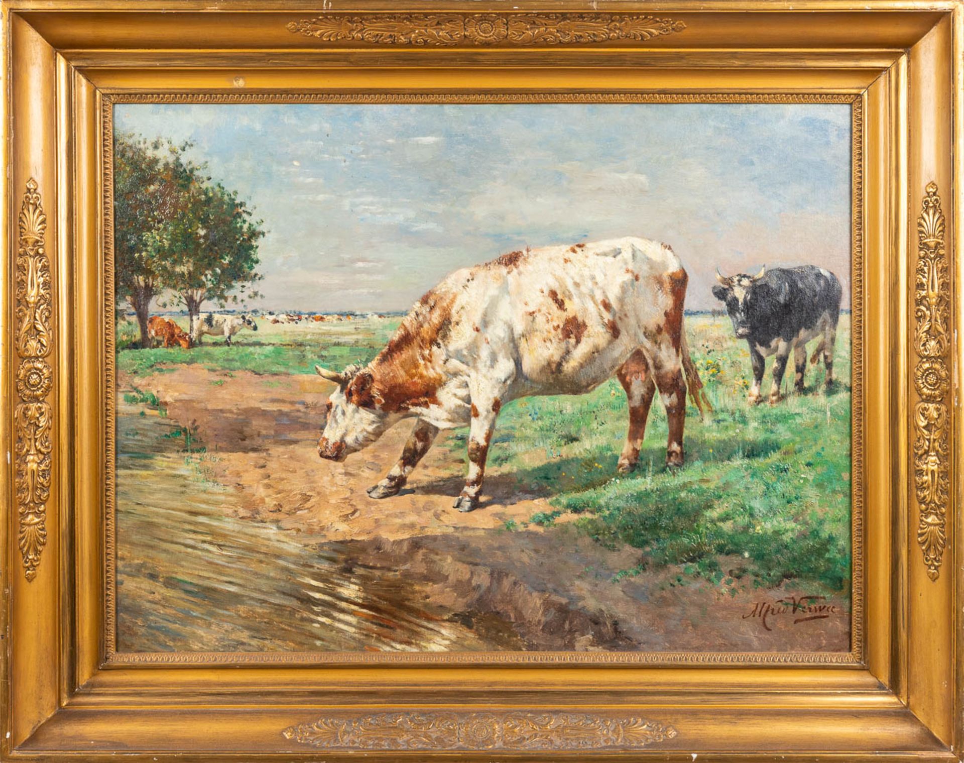 Alfred VERWEE (1838-1895) 'Koeien bij de drinkpoel' oil on canvas. (W: 82 x H: 60 cm) - Image 3 of 14