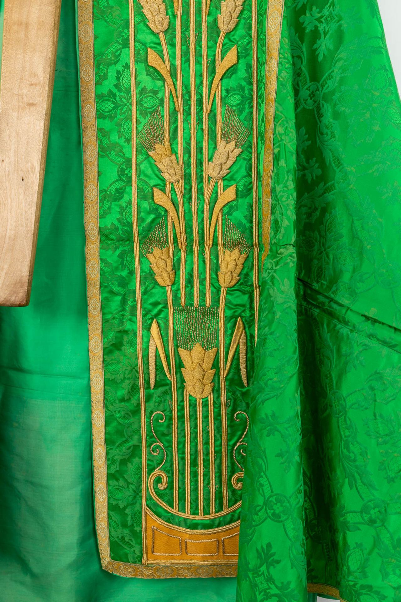 A Cope and Humeral Veil, finished with thick gold thread and green fabric and the IHS logo. - Image 8 of 14