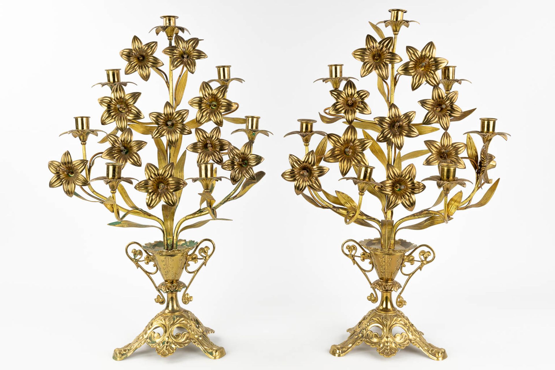 A pair of Church candlesticks, bronze and decorated with flowers. (L: 23 x W: 38 x H: 53 cm) - Image 3 of 13