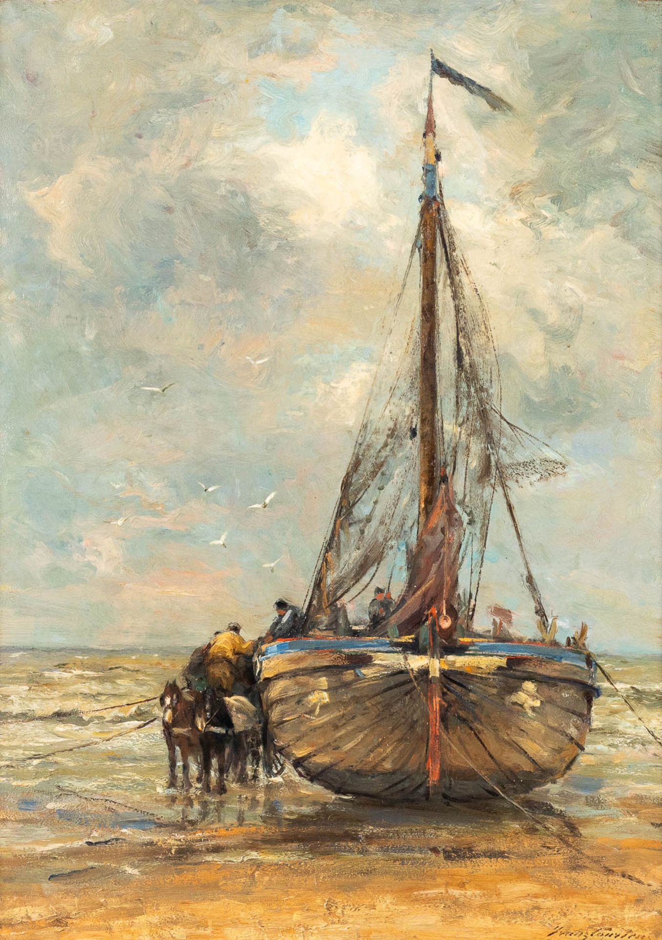 Franz COURTENS (1854-1943) 'Bateau de Pche ˆ la c™te' oil on canvas. (W: 84 x H: 117 cm)