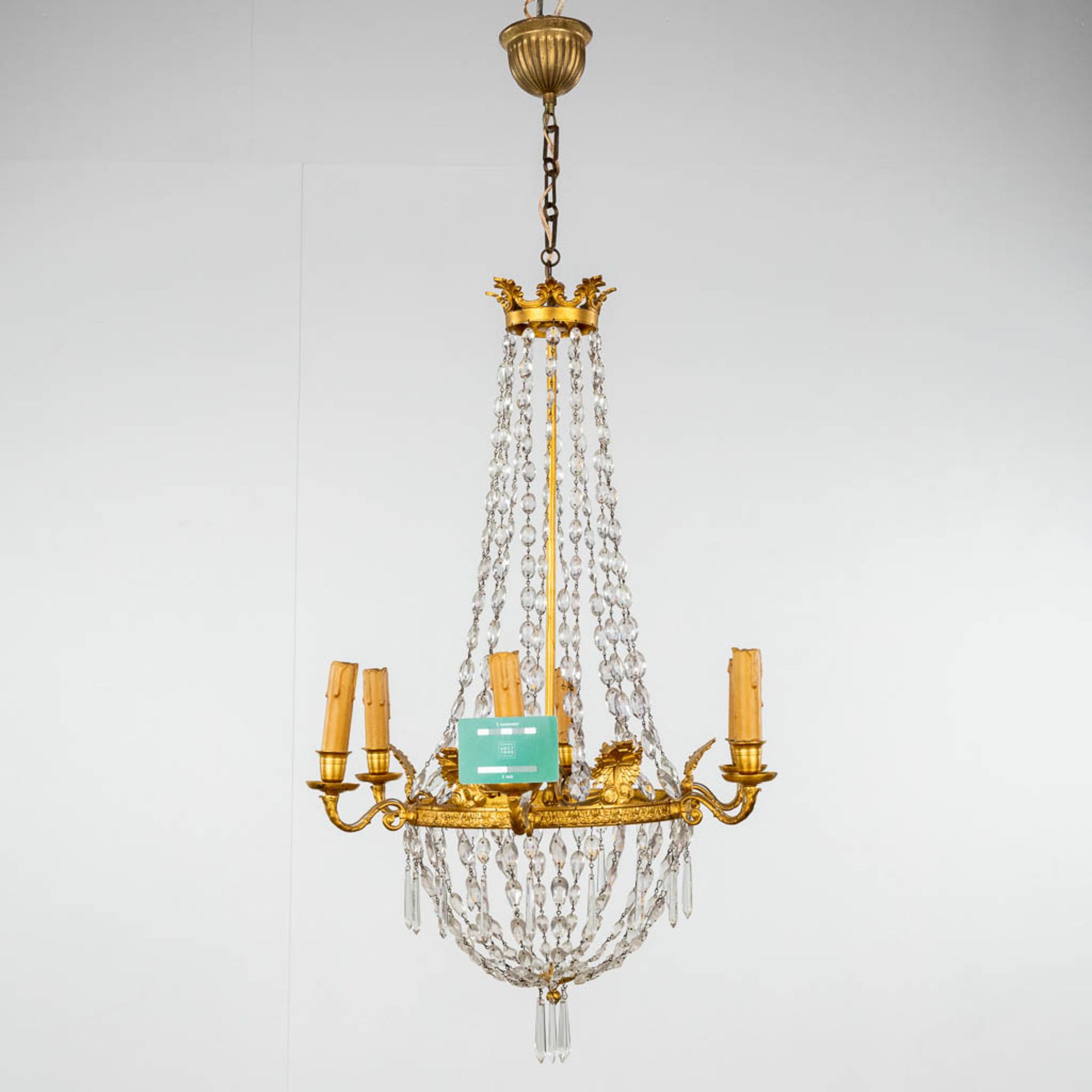 A chandelier 'Sac ˆ Perles', bronze and glass in empire style. 20th C. (H: 100 x D: 50 cm) - Image 2 of 11