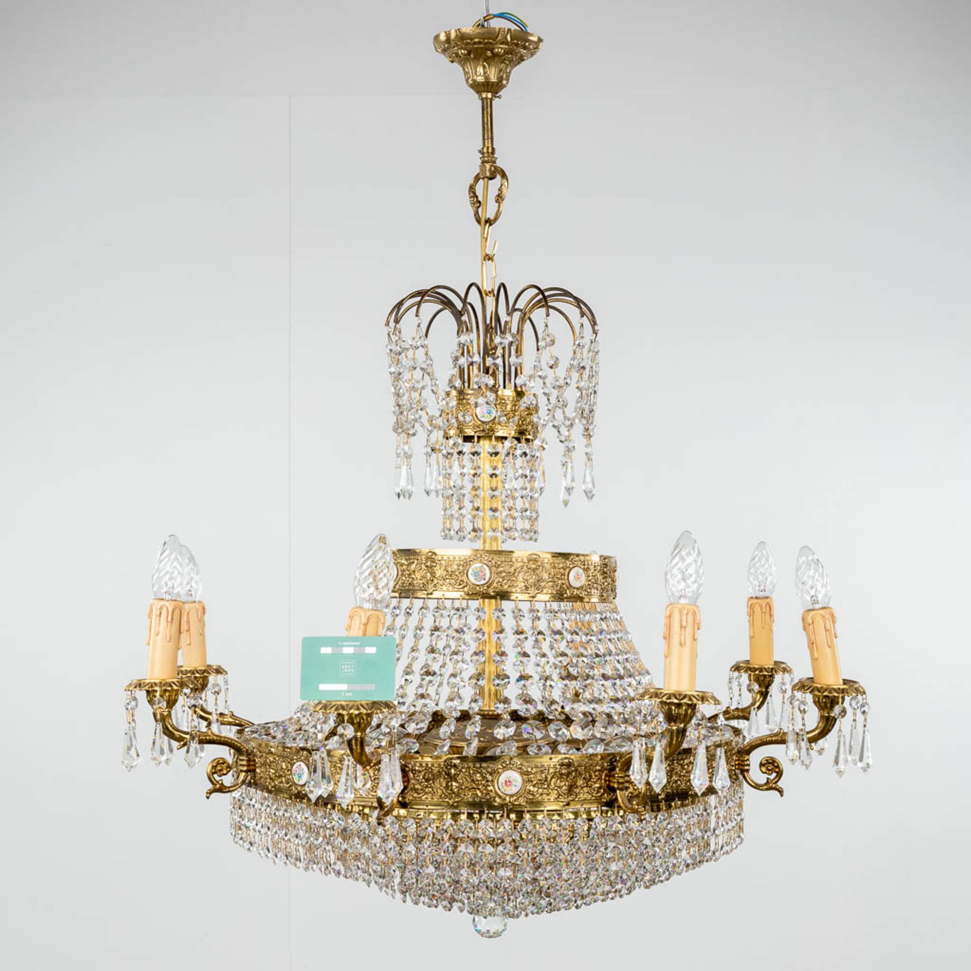 A brass and glass chandelier 'Robe ˆ Perles', finished with small porcelain plaques. 20th C. (H: 100 - Image 2 of 14