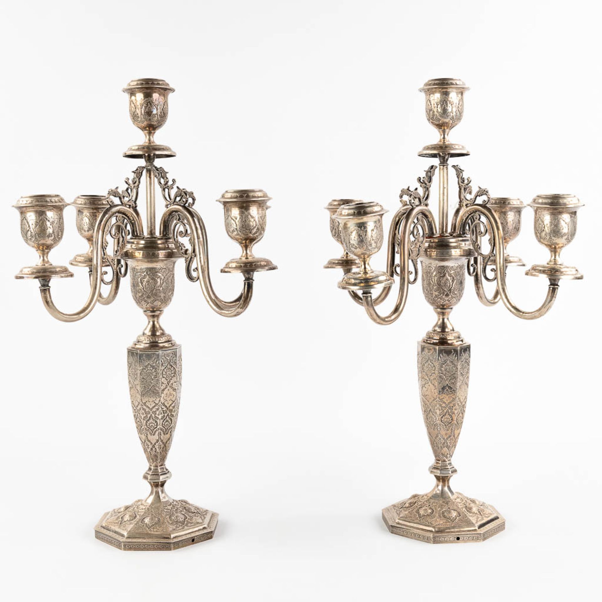 A pair of candelabra, silver, probably Middle-East. 3,650g. - Image 4 of 14